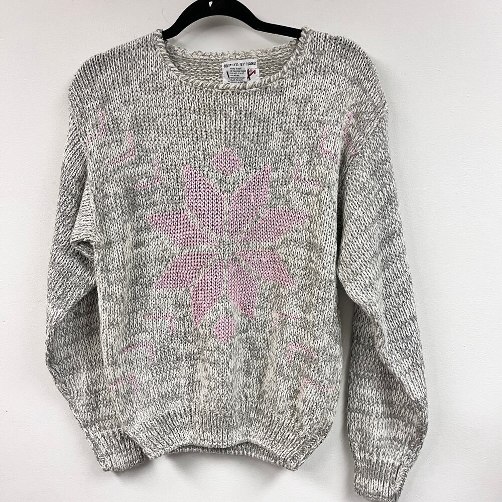 Vitnage Women's hand knit Licorice snowflake sweater gray pink crew neck large